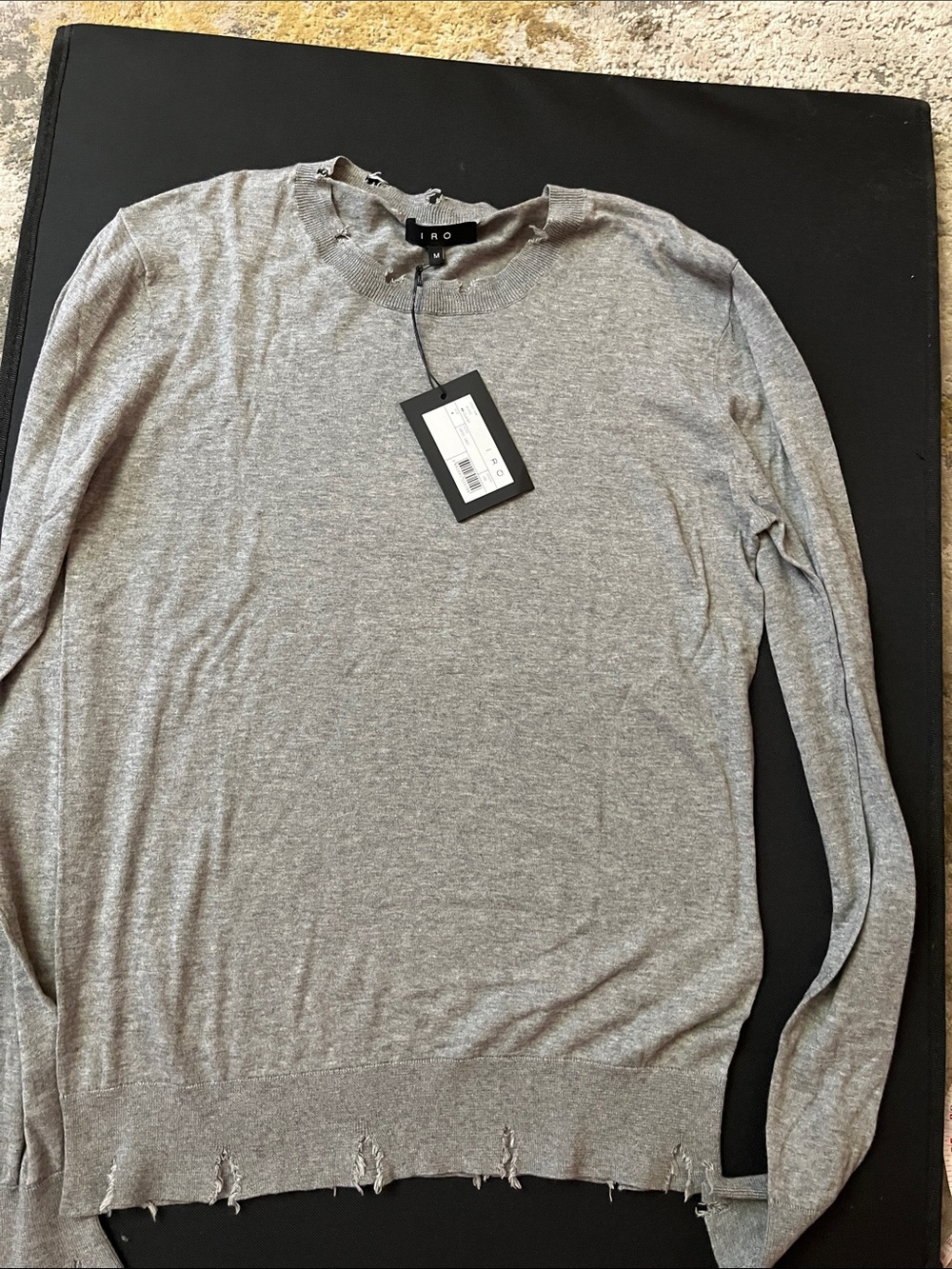 IRO Gray Distressed Cotton Cashmere Crewneck Sweater size Medium NEW
